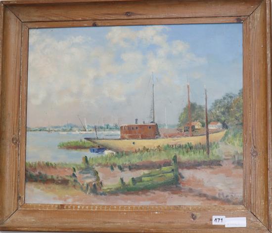 Modern British, oil on canvas board, House boat on the shore, indistinctly signed, 46 x 55cm